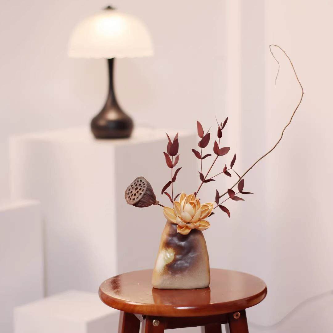 干花花束莲蓬紫荆花真花永生花仿古陶瓷瓶边几斗柜台餐桌装饰摆件
