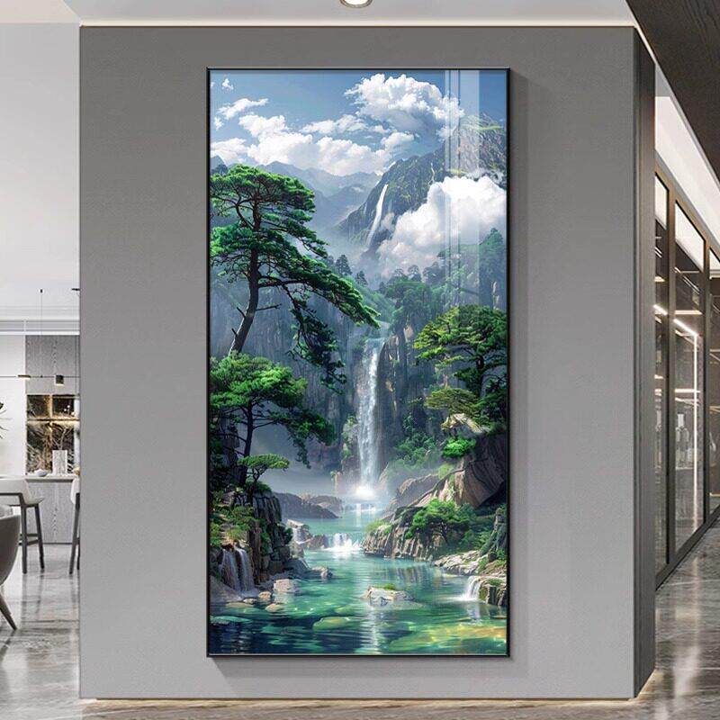 流水生财风景画入户玄关挂画正对门走廊过道装饰画源远流长山水画