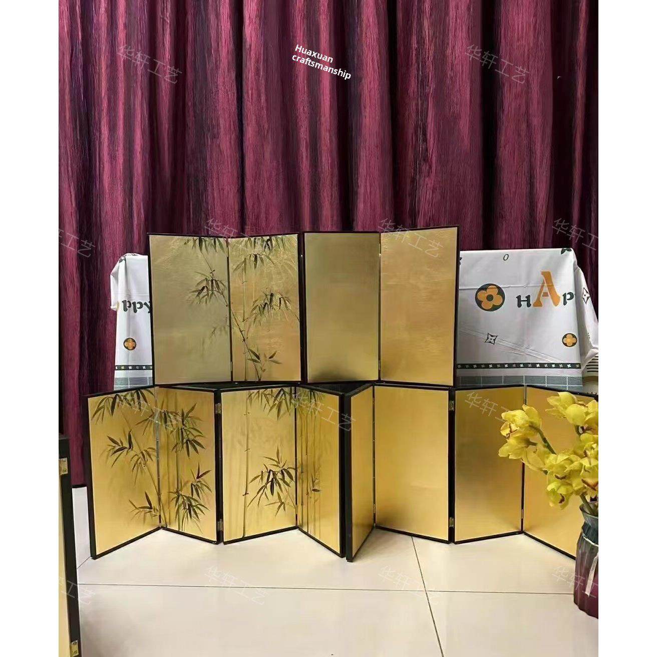 定制手绘桌面摆件金箔小屏风竹子折叠新中式移动隔断彷古艺术摄影