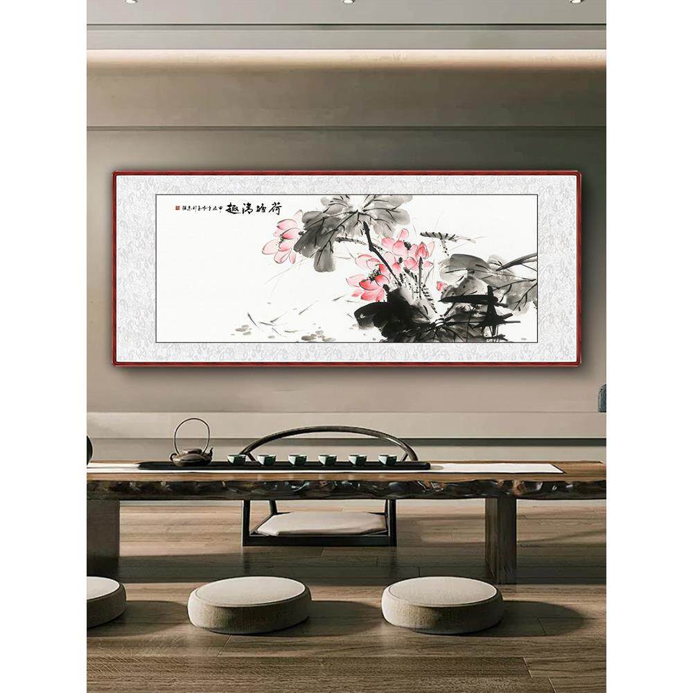 纯手绘真墨荷花画荷塘凉中国画茶室背景墙挂画客厅沙发装饰画