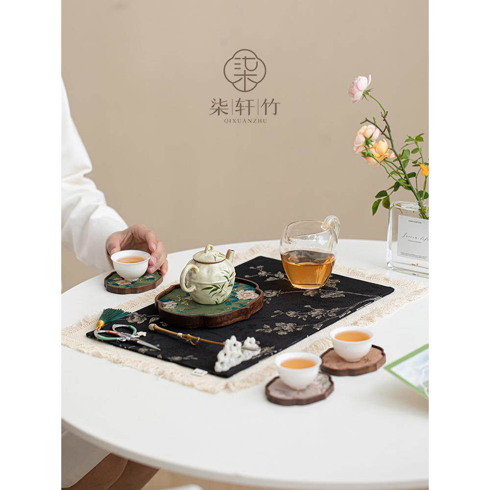 麒轩竹禅白梅锦干茶席中国风防水保温流苏布席桌旗茶道配件