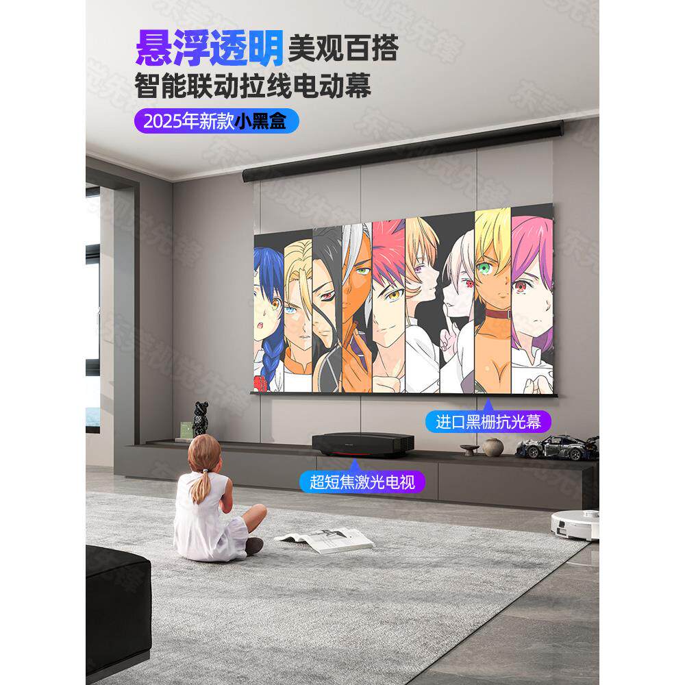 视觉猫投影幕布电动升降智能光子悬浮拉线菲涅尔抗光幕布3D/4K/8K超高清家用100/120英寸天花嵌入隐藏壁挂幕