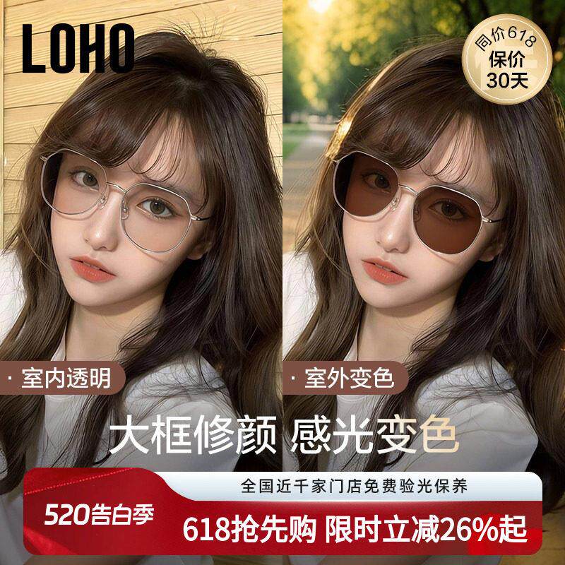 LOHO感光变色近视太阳眼镜超轻防蓝光眼镜可配度数带抗UV太阳眼镜