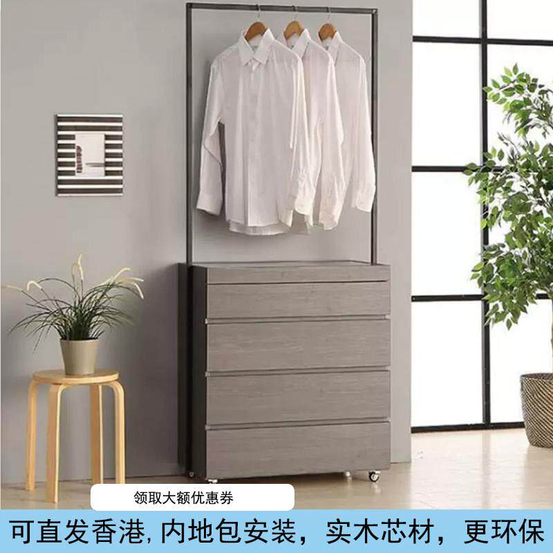带轮子移动衣帽架铁艺实木挂衣架玻璃首饰收纳盒简约现代衣帽架