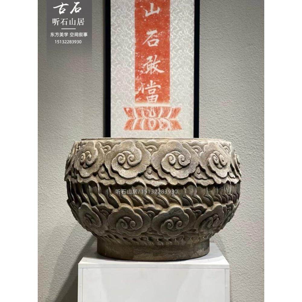 明清石缸做旧庭院养鱼天然石头祥云门海大水缸青石彷覆古户外花盆