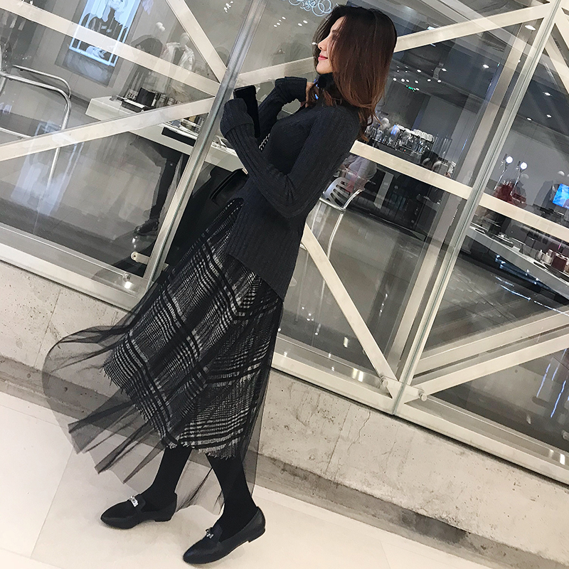 JRSHOP 格紋網紗不規則半裙