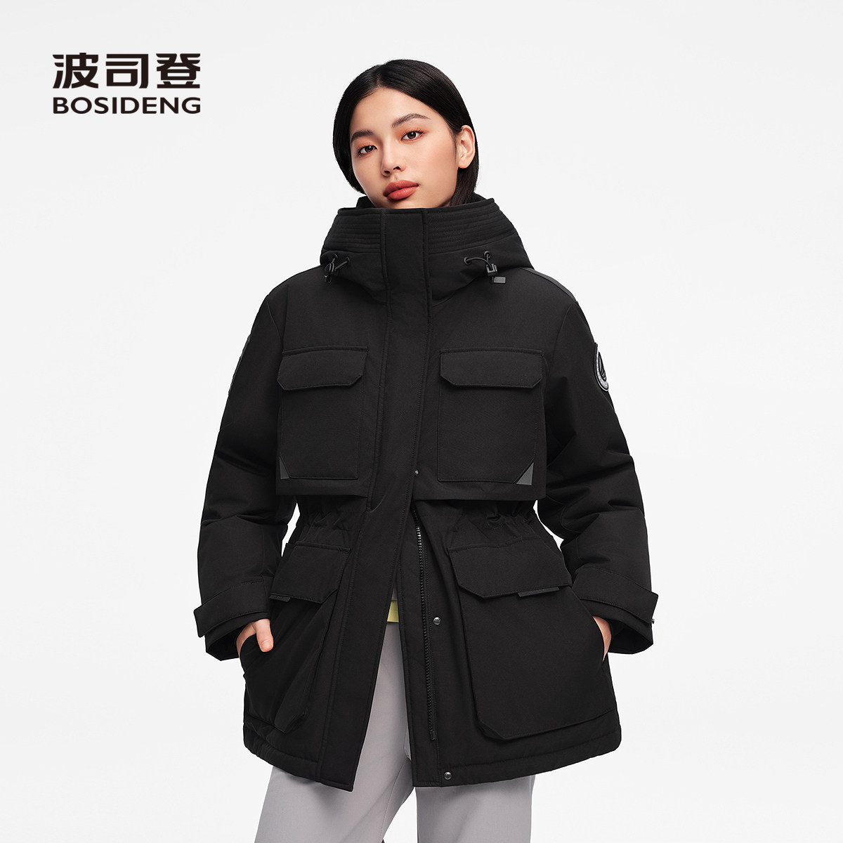波司登工装风连帽羽绒服女黑色收腰户外极寒鹅绒服