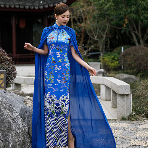 2026新款8839大码长款红色旗袍连衣裙复古双层舞蹈演出服结婚