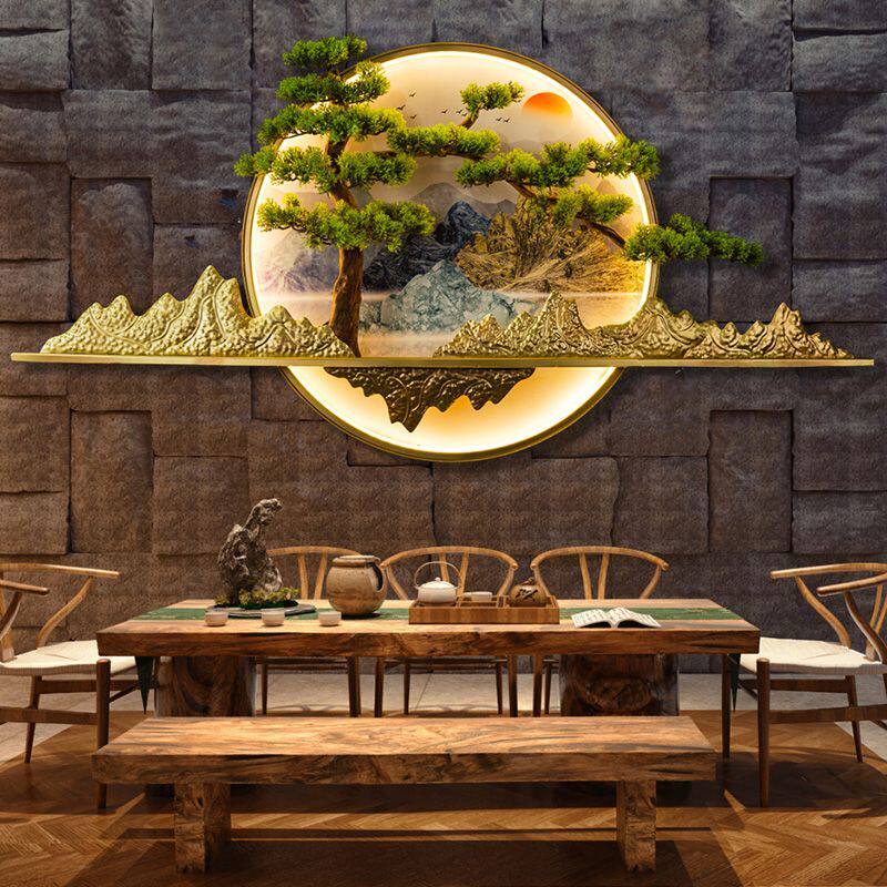 3d立体装饰画型带灯玄关客厅沙发背景墙面仿真迎客松茶室现代壁画
