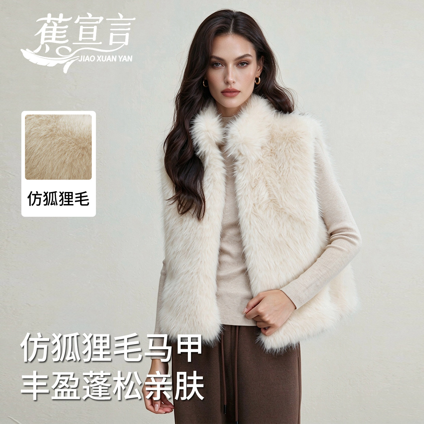 蕉宣言仿狐狸毛一体马甲女秋冬短款显瘦环保背心叠穿毛绒韩系外套 秋冬毛绒实拍商品图