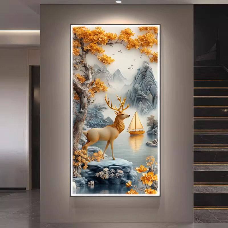 新款玄关装饰画入户正对门壁画高级感浮雕肌理画福鹿走廊过道挂画