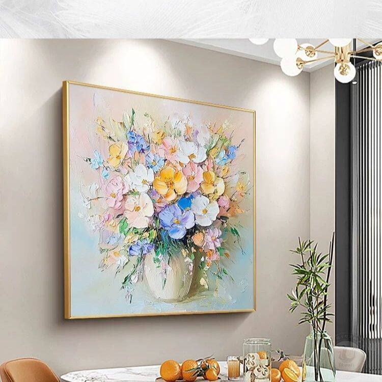 盛世芳华手绘大芬村油画现代简约抽象玄关花卉挂画方形餐厅装饰画