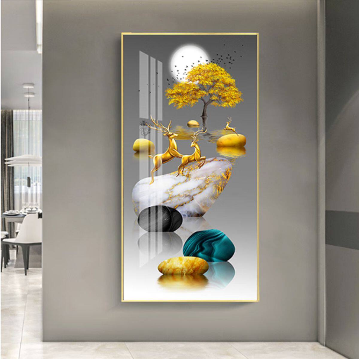 简约石来运转玄关装饰画入户门轻奢高档麋鹿墙上长条挂画竖版挂画