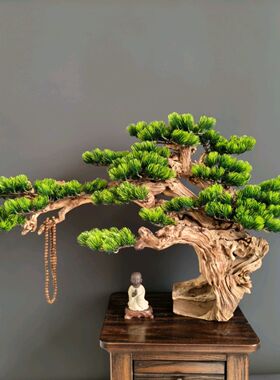 中式仿真根艺迎客松根雕老桩创意禅意摆件客厅茶室酒店场地布景