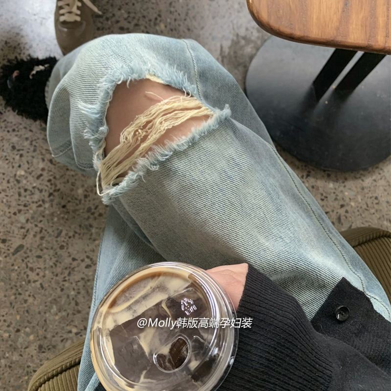 孕婦破洞牛仔直筒闊腿老爹褲