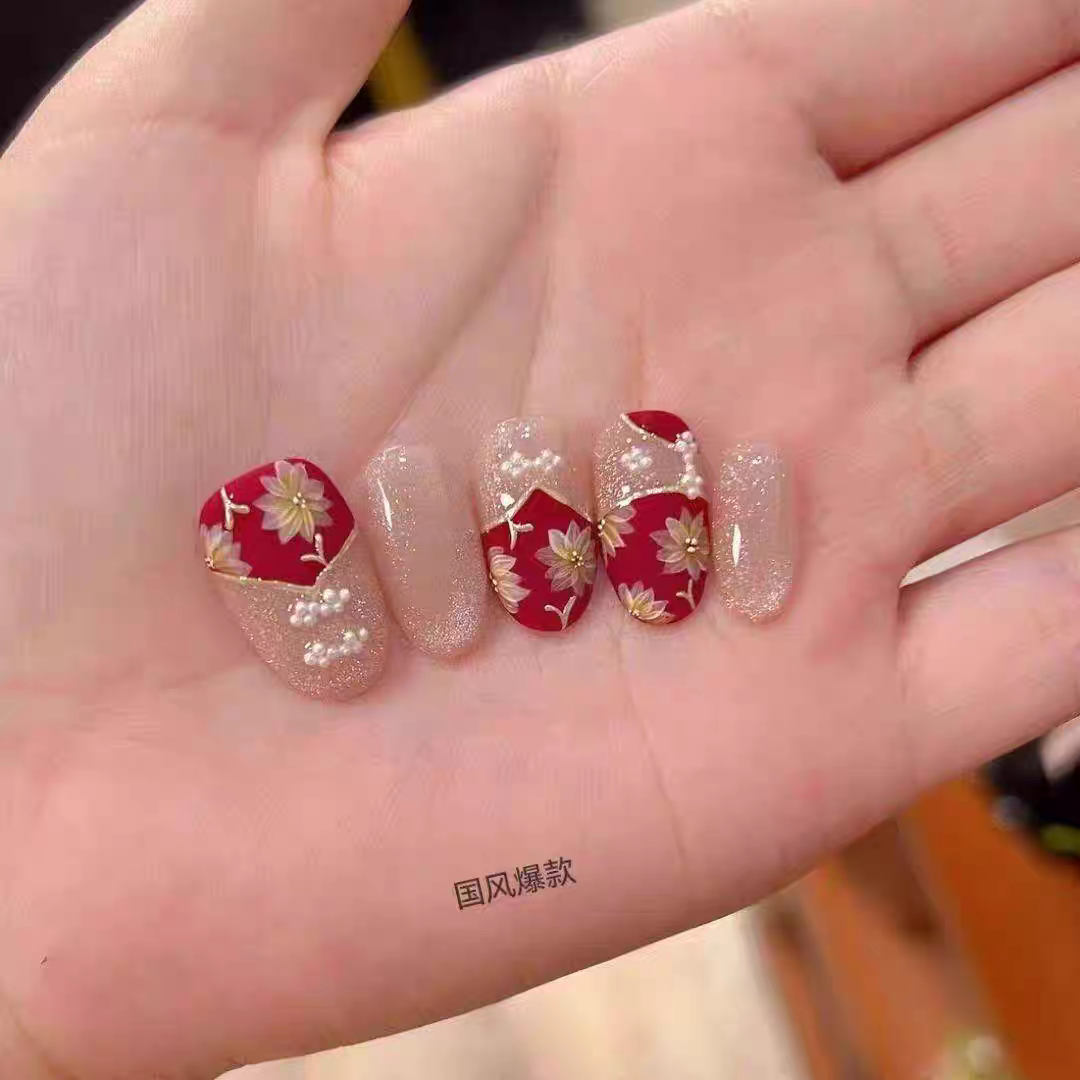 纯手绘国风古韵美甲中式旗袍盘扣纯手绘温婉典雅纯手工穿戴甲精品