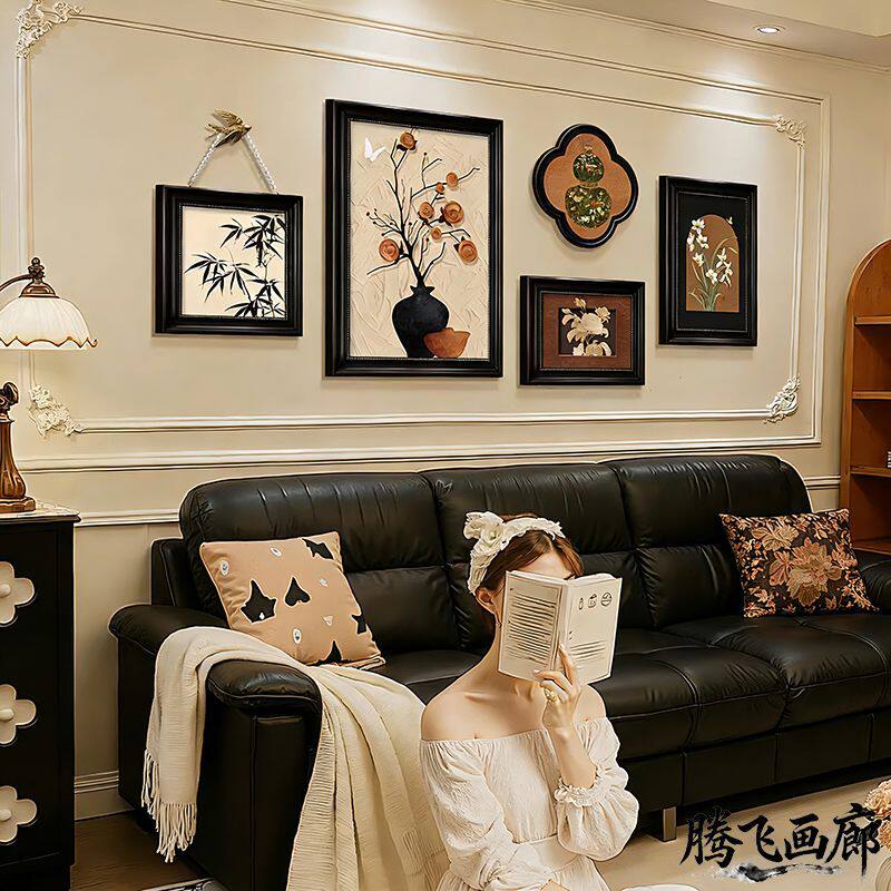 沙发背景墙挂画中古风客厅装饰画柿柿如意复古油画组合高级感壁画