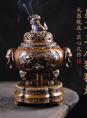 狻猊铜香炉家用仿古檀香炉香道盘香打篆香薰炉书房茶室摆件