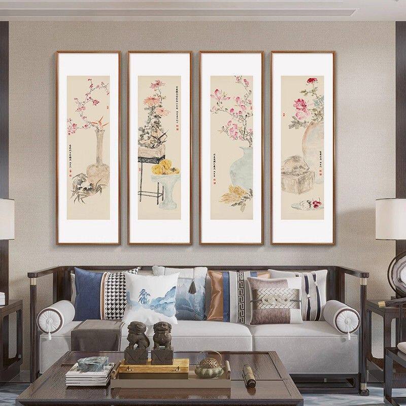 花鸟四条屏挂画新中式客厅装饰画沙发背景墙四联国画茶室书房壁画