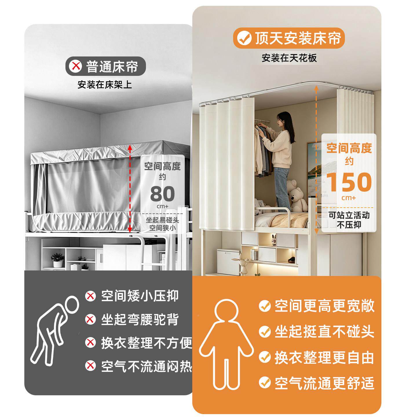 高遮光上铺床帘男生宿舍上下床加高大无支帘架可站立加z170u型轨
