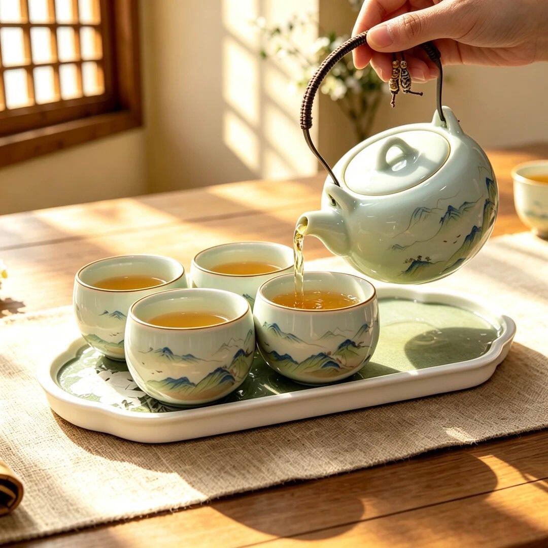 天青千里江山提梁壶带盖防烫茶具套组一壶四杯家用户外功夫茶具