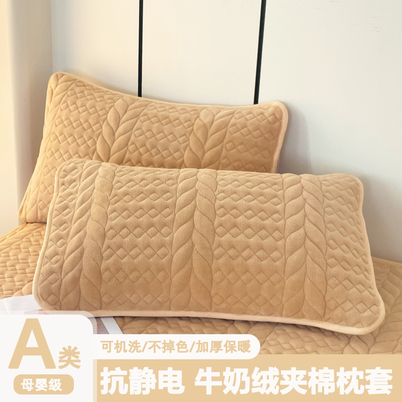 A类牛奶绒夹棉枕套一对装冬季珊瑚绒单人枕头套48x74cm单个枕芯套