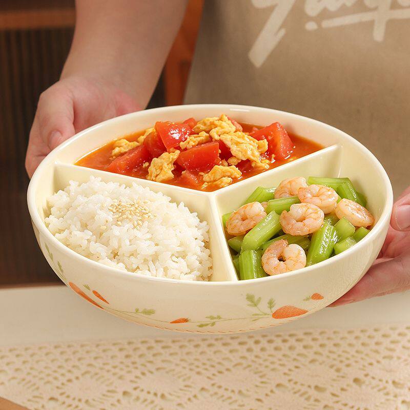 陶瓷分格餐碗三格方便盛装米饭配菜实用家用婴儿餐具辅食碗盘蒸锅