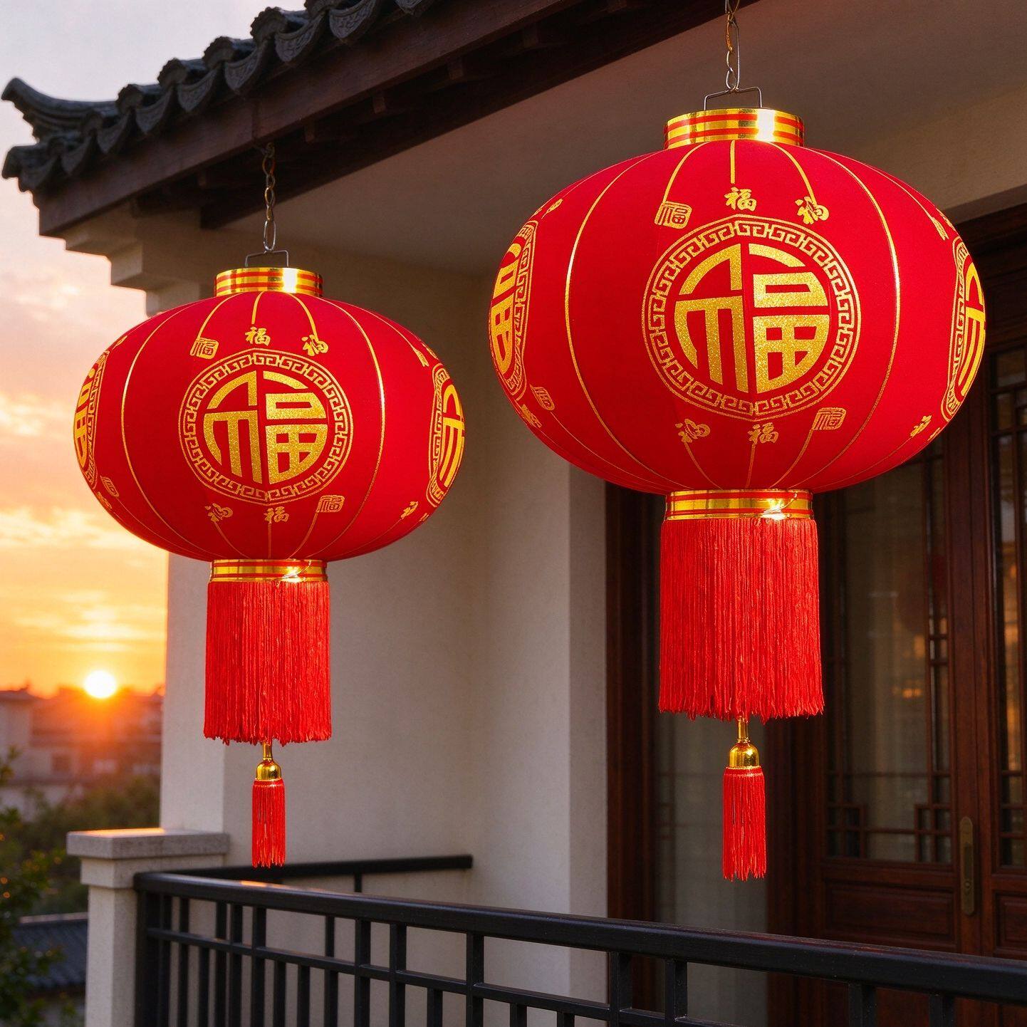 新款2026新年灯笼春节福字阳台大门口户外装饰防水植绒红灯笼