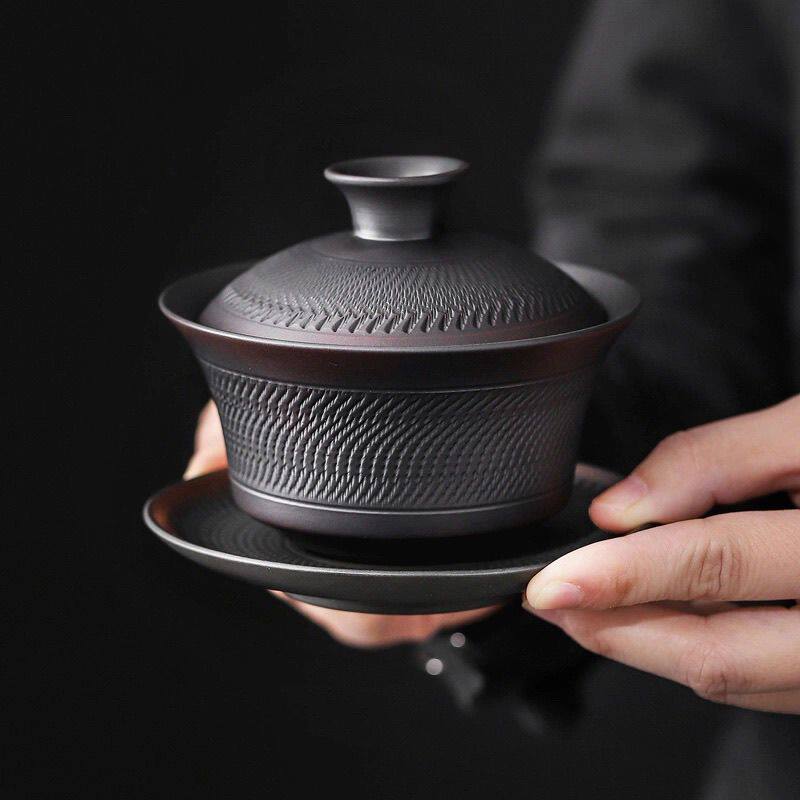 紫砂三才盖碗盖碗茶单个手工家用跳刀紫砂高档功夫茶具茶碗承盘