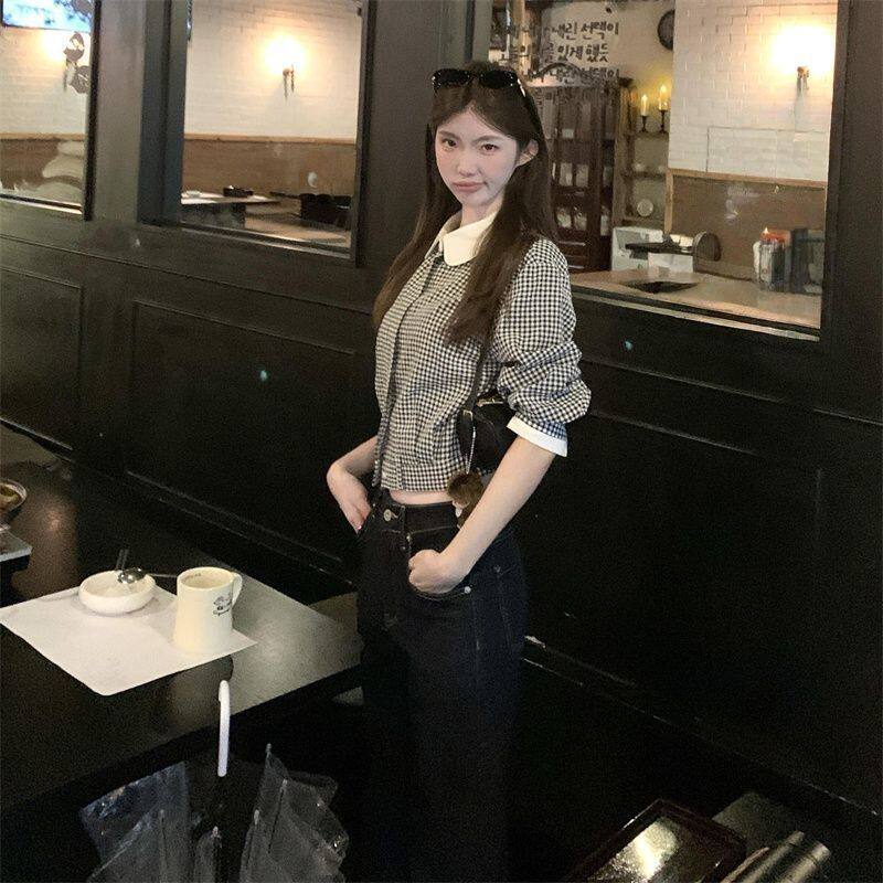 格子娃娃领衬衫公主气质经典时髦感短裤