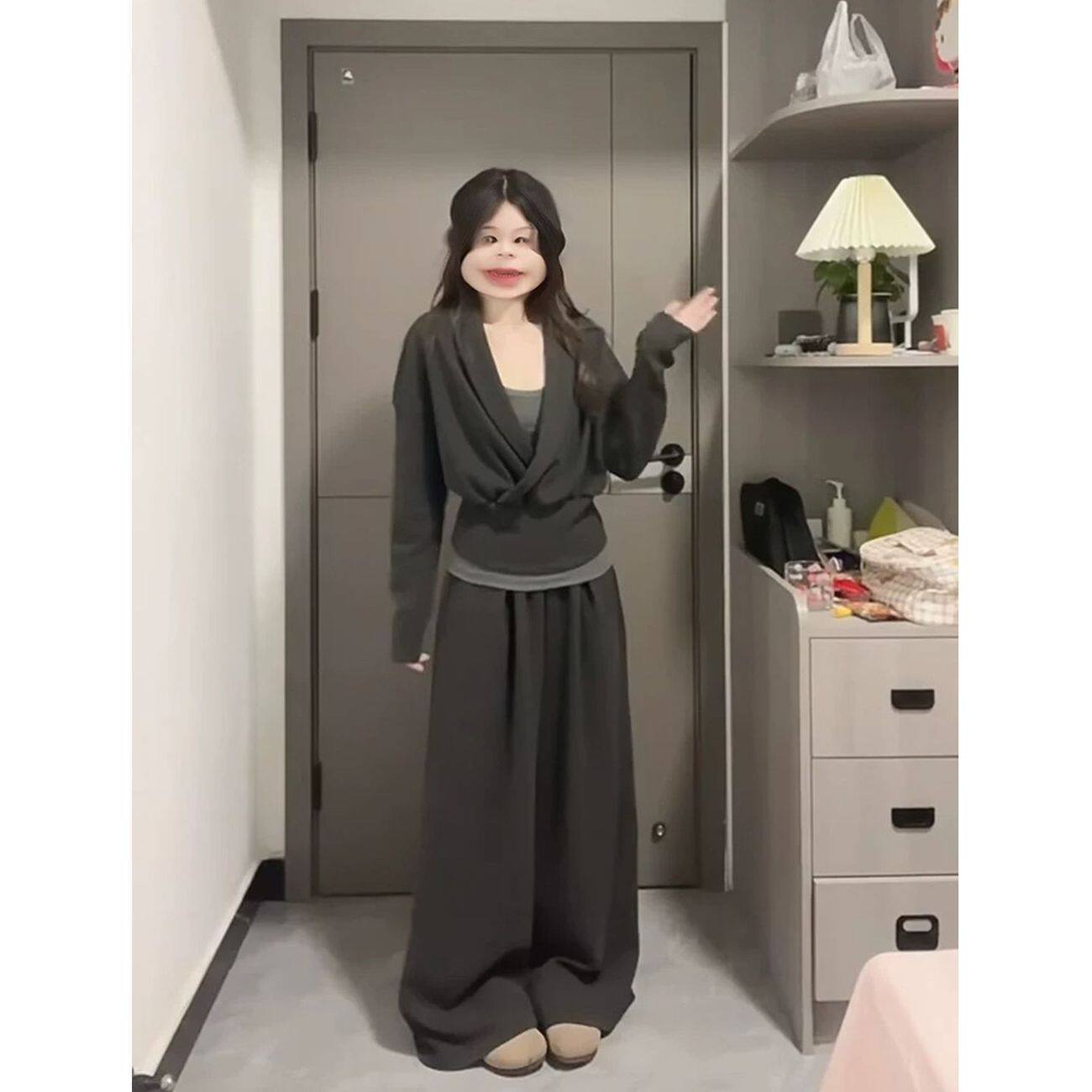 卫衣外套秋季搭配一整套女装休闲巨好看韩系穿搭灰色套装