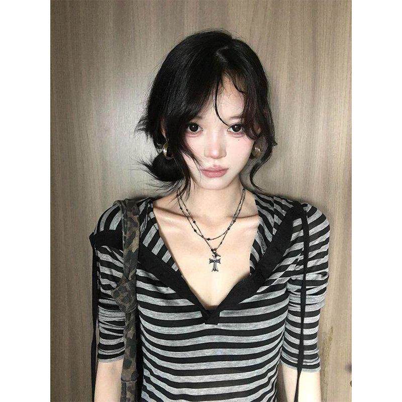 韩系气质条纹连帽帽衫长袖t恤女早秋季修身设计显瘦复古百搭上衣
