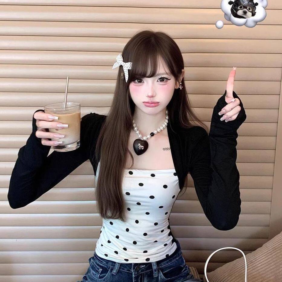 辣妹别致绝美波点假两件长袖t恤女春季内搭打底衫外穿巨好看上衣