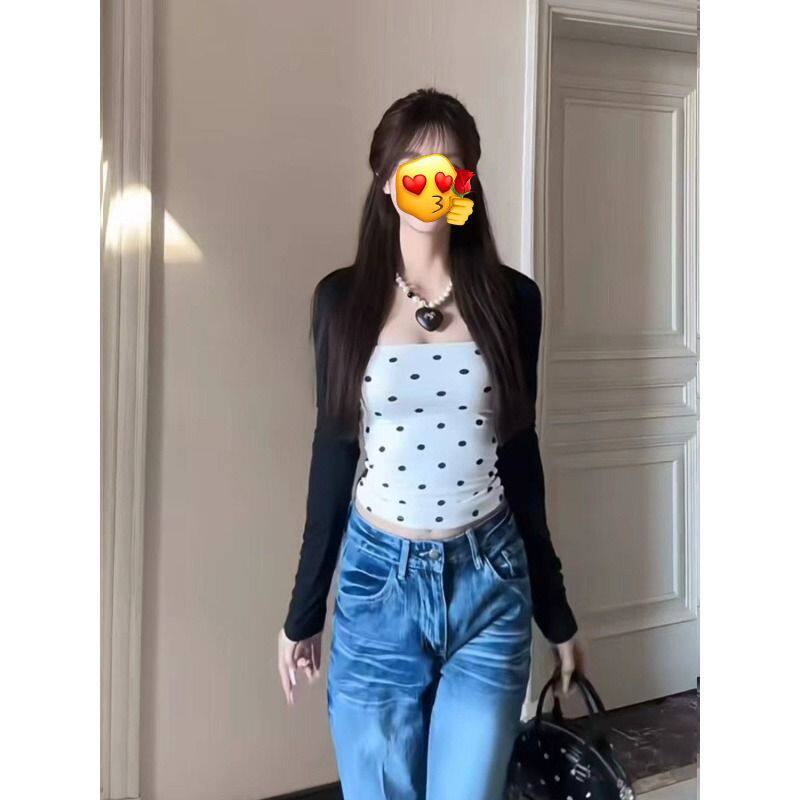 辣妹别致绝美波点假两件长袖t恤女春季内搭打底衫外穿巨好看上衣