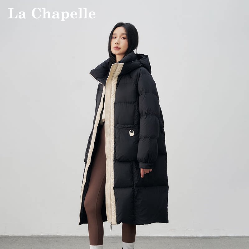 拉夏贝尔连帽撞色女中长羽绒服