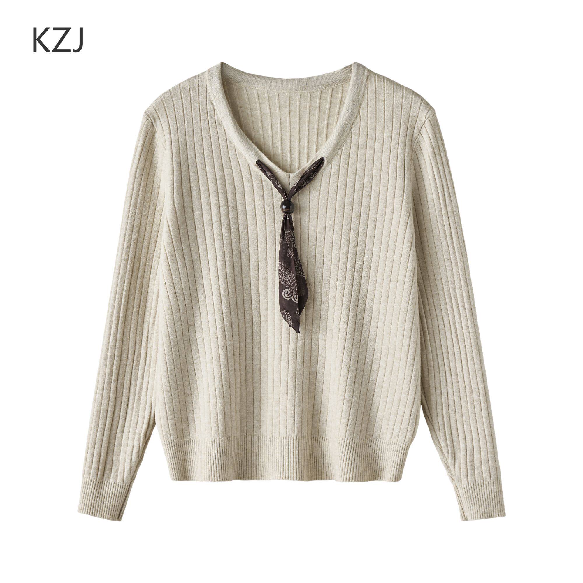 【KZJ】法式 V 领丝巾领带针织衫女早秋软糯毛衣气质显瘦长袖上衣