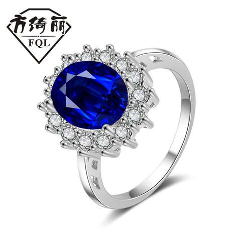 WISH外贸首饰 欧美流行订婚戒指 蓝锆石真金戒指手饰批发