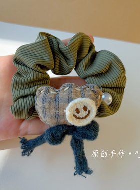 日系手作治愈笑脸云朵发圈格纹布艺玩偶复古学生少女可爱超萌马尾