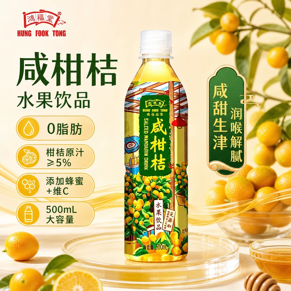 鸿福堂咸柑桔港式饮料柑桔柑橘水果饮品瓶装整箱15瓶香港饮品果味