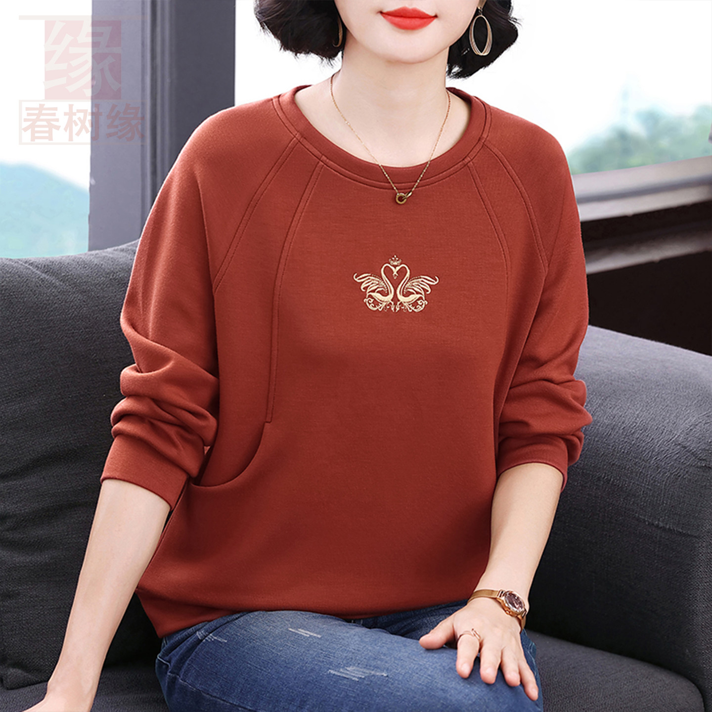 春树缘中老年妈妈刺绣宽松卫衣