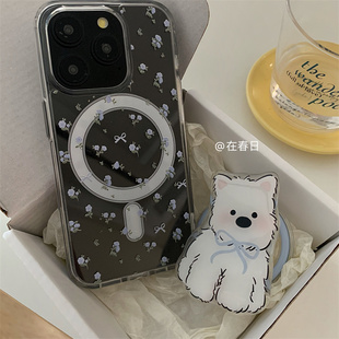 在春日韩国ins碎花小狗磁吸手机壳适用15promax 14新款 iPhone15pro新款 16pro手机壳14promax