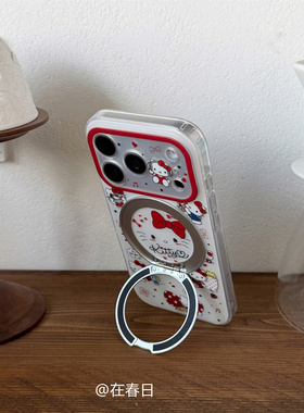 在春日可爱红色蝴蝶结满屏kt猫咪磁吸360支点壳17适用iPhone17promax全包AI17pro保护壳16promax磨砂苹果15p
