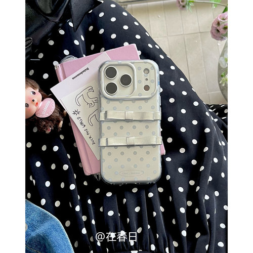 少女心银底波点蝴蝶结手机壳