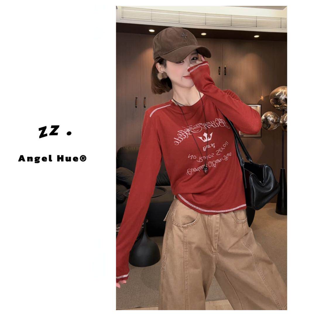 ANGELHUE复古印花长袖T恤女红色字母撞色显瘦外穿打底衫