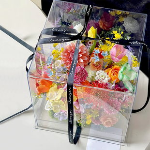 亚克力透明花盒有钱花diy方形花盒鲜花包装永生花展示盒礼物空盒