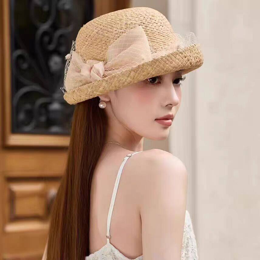 新款夏季卷边网纱礼帽优雅时尚时装帽户外遮阳盆帽女士防晒百搭潮