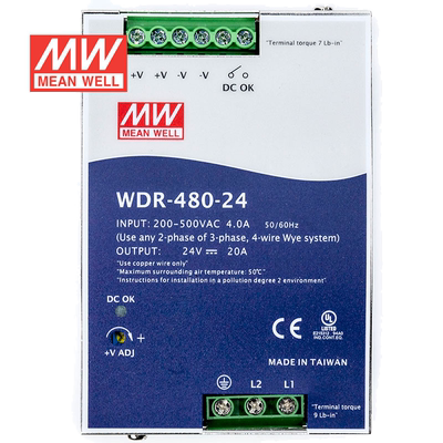 明纬24V电源480W WDR-480-24 导轨式380V转24VDC直流稳压台湾
