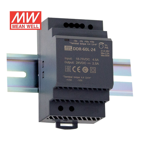 明纬12/24V变24V导轨电源60W DDR-60G-24 4:1宽输入铁路ITE安规