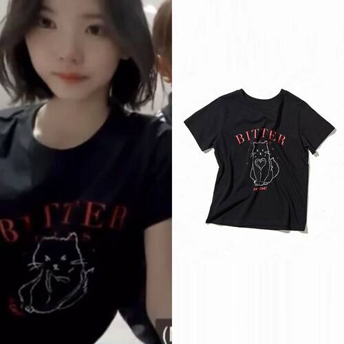 Hearts2Hearts崔志宇ChoiJiwoo同款小猫印花夏季短袖t恤上衣女学