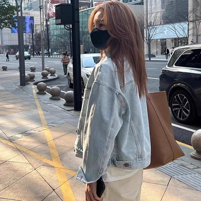 浅蓝色水洗做旧复古百搭短款牛仔外套女2025春秋新款洋气夹克上衣